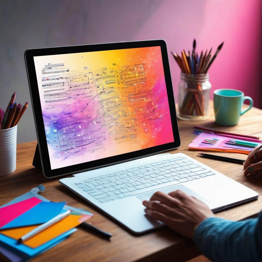 A digital artist at work, sketching out a vibrant concept on a tablet, surrounded by colorful notes and ideas floating in the air. A visual representation of a blogging platform interface appears on the screen, symbolizing creativity and ease of use. The background shows a blend of artistic tools like brushes and a laptop, creating an inspiring workspace. Super-realistic. Vibrant colors. 3D.