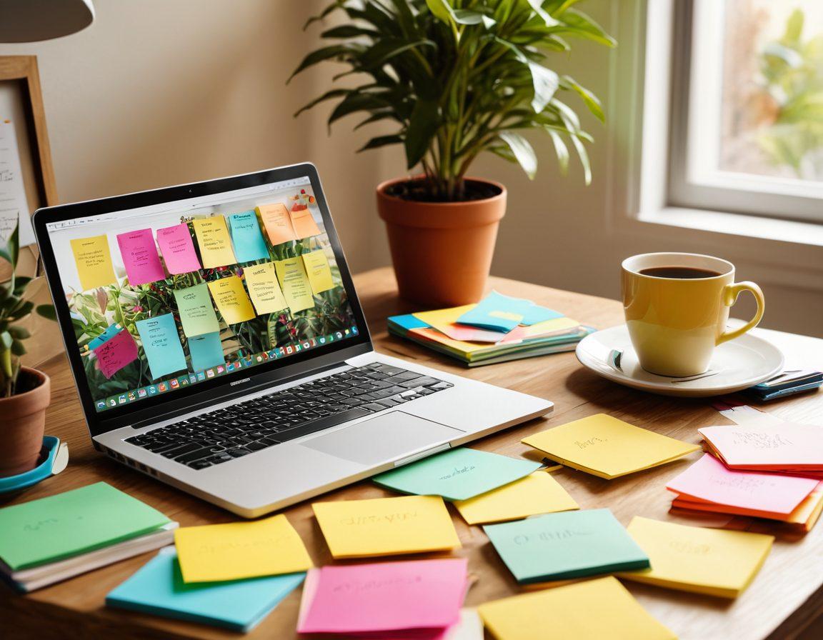 A creative workspace featuring a laptop with an open blog editor, surrounded by colorful sticky notes and resource books. A warm cup of coffee sits next to it, and a plant adds a touch of green. The room is filled with sunlight, evoking inspiration and productivity. super-realistic. vibrant colors. 3D.