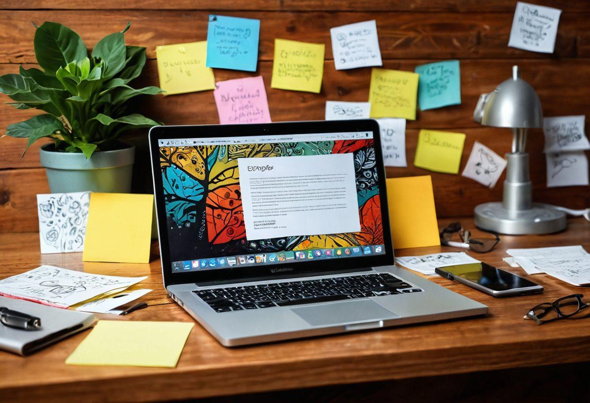 An open laptop resting on a wooden desk, surrounded by vibrant sticky notes with doodles of blog ideas, a steaming cup of coffee, and a plant for a touch of nature. The background features a digital collage of blog-related graphics like social media icons, SEO elements, and creative writing tools. Warm, inviting lighting to enhance a cozy atmosphere, inviting readers to dive into blogging. super-realistic. vibrant colors. cozy atmosphere.